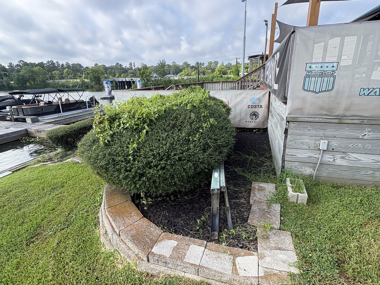 HTX Sales Office after landscaping - trimmed shrub by dock stairs