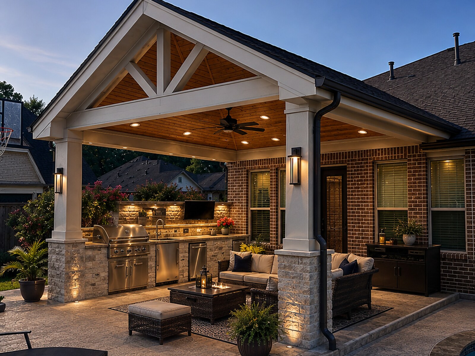 Outdoor kitchen and covered patio with fire pit table overlooking pool at dusk